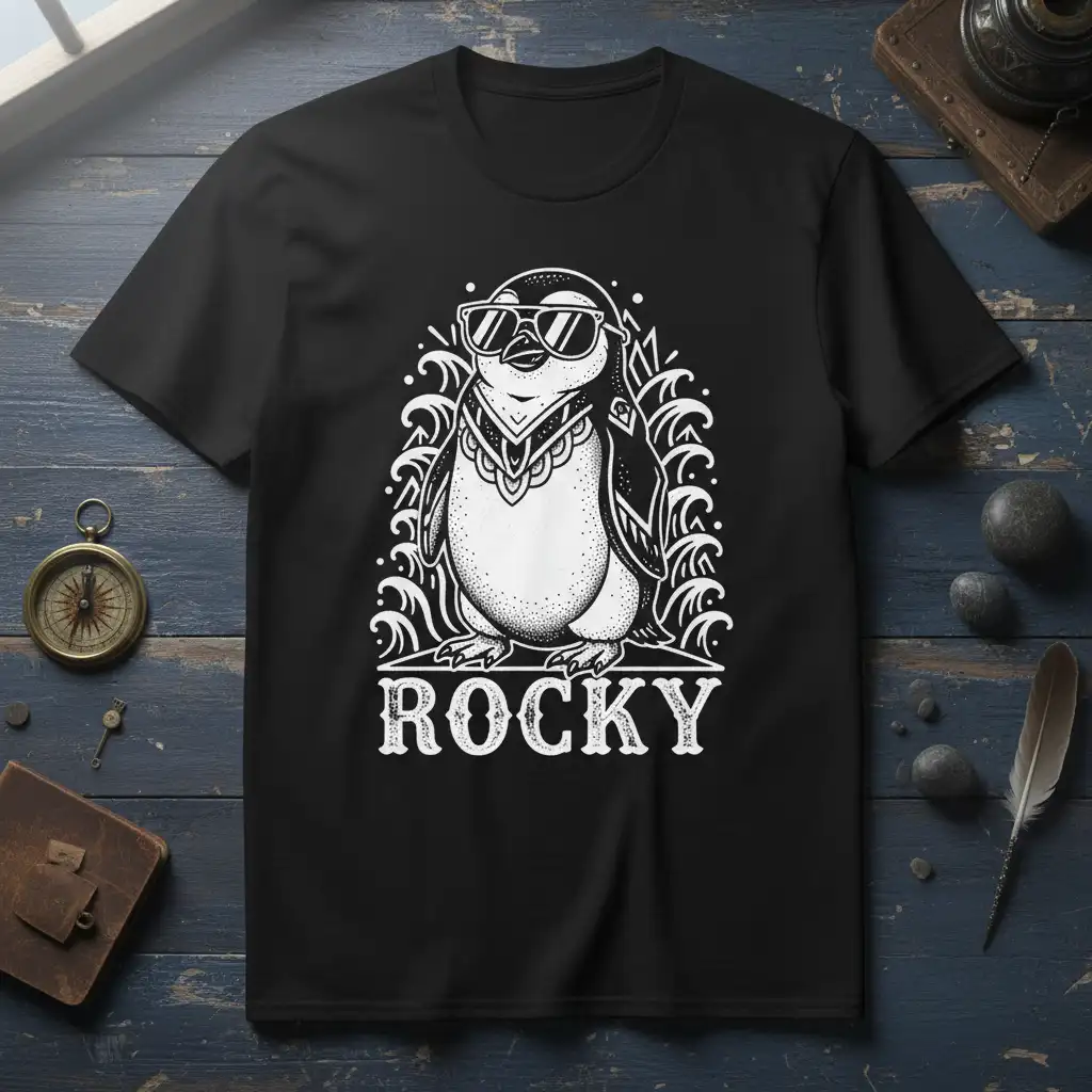 Rocky Penguin detailed print printed on durable material creating a standout t-shirt