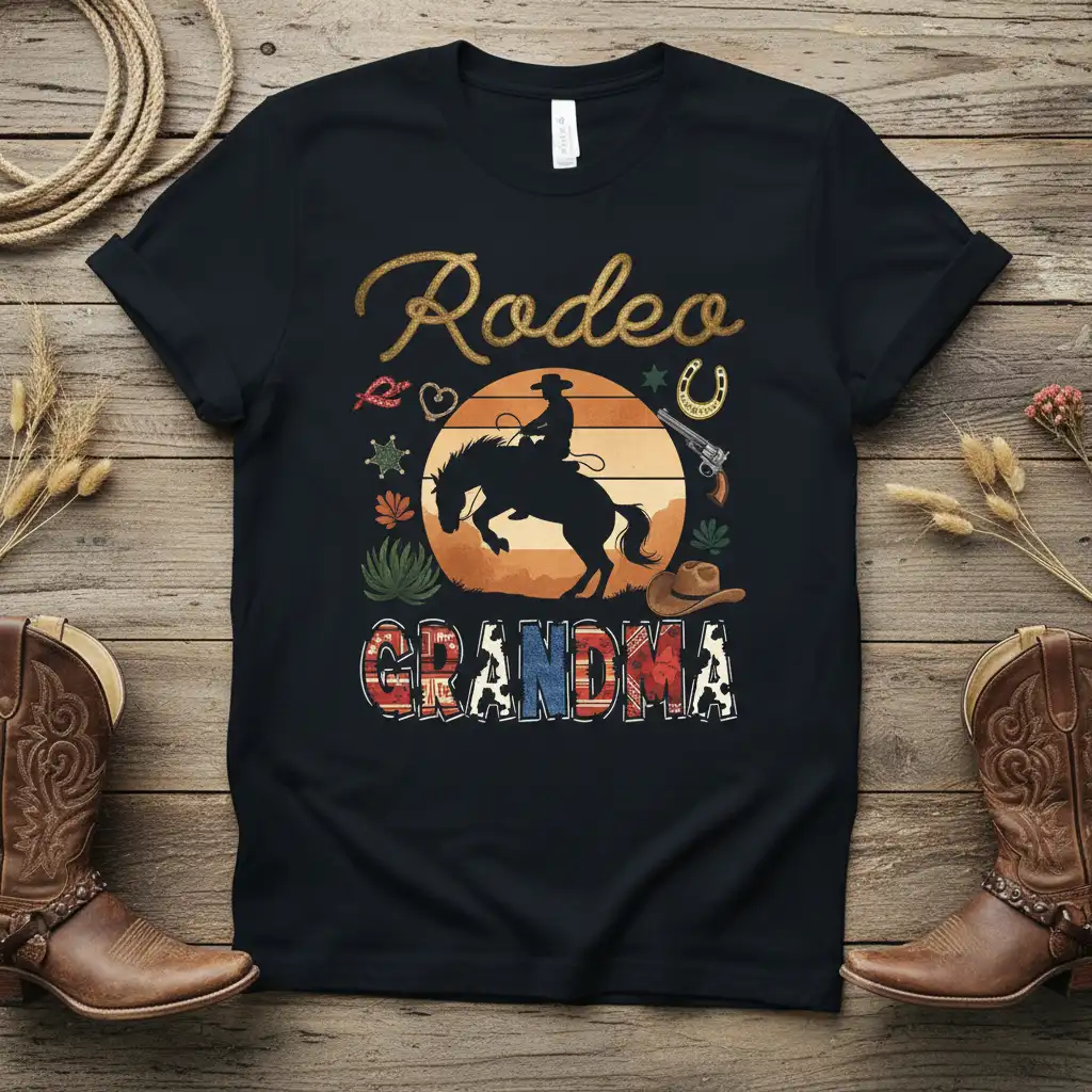 Rodeo Grandma text design with cowboy on bucking horse silhouette and western graphics