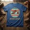 Rodeo Queen t-shirt design featuring a horse and rider in a barrel race, with a rustic southwestern pattern and text