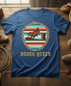 Rodeo Queen t-shirt design featuring a horse and rider in a barrel race, with a rustic southwestern pattern and text