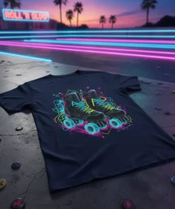 Roll N Glow roller skates graphic t-shirt with neon lights and retro 80s aesthetic