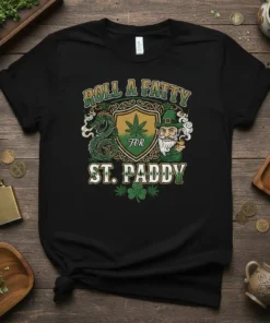 Black t-shirt with "Roll a Fatty for St. Paddy" text, featuring a dragon, shield with cannabis leaf, and leprechaun graphic