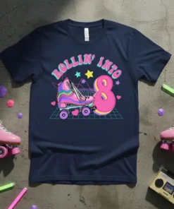 Rollin' Into 8 birthday t-shirt with a retro roller skate graphic and the number 8