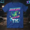 Rollin' Into TK t-shirt design featuring a dinosaur skateboarding on a pencil with neon text and lightning bolts