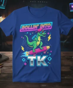 Rollin' Into TK t-shirt design featuring a dinosaur skateboarding on a pencil with neon text and lightning bolts