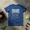 Rolling Fatties T-Shirt with a drawing of a cat relaxing in a hammock surrounded by small round objects
