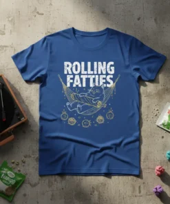 Rolling Fatties T-Shirt with a drawing of a cat relaxing in a hammock surrounded by small round objects