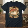 Rolling Fatties text above a cartoon of a chubby cat lying down, surrounded by cannabis leaves and a sunset graphic