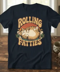 Rolling Fatties text above a cartoon of a chubby cat lying down, surrounded by cannabis leaves and a sunset graphic