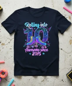 Rolling into 10 Awesome Since 2015 text with retro roller skates graphic on a dark t-shirt