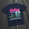 Rolling Into 9 go-kart birthday t-shirt design with neon pink text, a race car, checkered flags, and checkered border