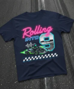 Rolling Into 9 go-kart birthday t-shirt design with neon pink text, a race car, checkered flags, and checkered border