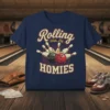 Rolling With My HOMIES retro bowling t-shirt design with bowling balls and pins graphic