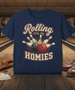 Rolling With My HOMIES retro bowling t-shirt design with bowling balls and pins graphic