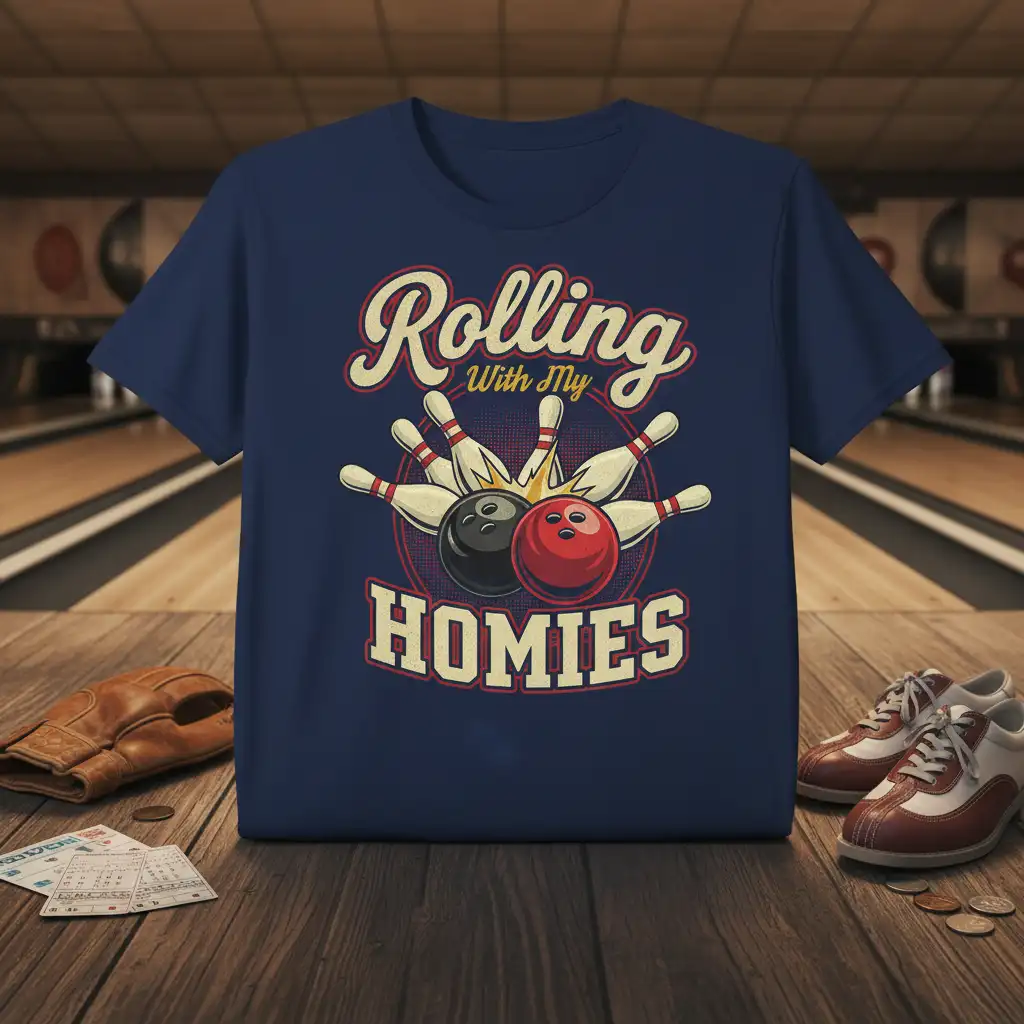 Rolling With My HOMIES vintage bowling graphic tee with red and black balls and pins