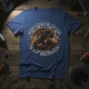 Rollover Club V.I.P Member text with a graphic of a rock crawler vehicle climbing a mountain, on a blue t-shirt