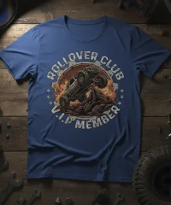 Rollover Club V.I.P Member text with a graphic of a rock crawler vehicle climbing a mountain, on a blue t-shirt