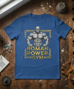 Roman Power Gym t-shirt design featuring a muscular Roman gladiator graphic and gold text