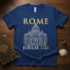 Rome Jubilee 2025 t-shirt with St. Peter's Basilica illustration and gold "ROME" text