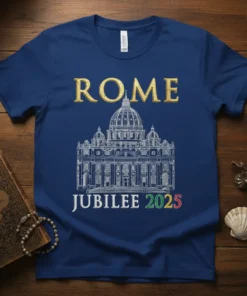 Rome Jubilee 2025 t-shirt with St. Peter's Basilica illustration and gold "ROME" text