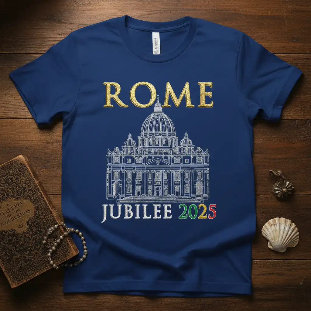 Rome Jubilee 2025 t-shirt featuring St. Peter's Basilica illustration and event year in colorful text