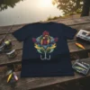 Rooster fishing hook graphic t-shirt design, featuring a colorful rooster and a silver fishing hook