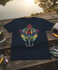 Rooster fishing hook graphic t-shirt design, featuring a colorful rooster and a silver fishing hook