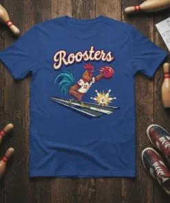 Roosters Bowling T-Shirt design with a rooster holding a bowling ball and pins, text says "Roosters"