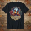 Roosters Crow text design featuring two roosters under a full moon with rustic branches, printed on a black t-shirt