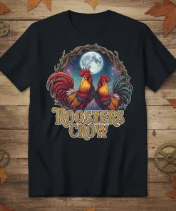 Roosters Crow text design featuring two roosters under a full moon with rustic branches, printed on a black t-shirt
