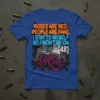 Roses are red, people are fake quote on a blue t-shirt with neon and graffiti design, including "The First 48"