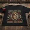 Roses Are Red Inside I'm Dead gothic t-shirt design with anatomical heart, roses, and skeletons