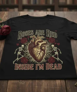 Roses Are Red Inside I'm Dead gothic t-shirt design with anatomical heart, roses, and skeletons