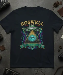 Roswell 1947 Over 70 Years Of Secrecy T-Shirt with an all-seeing eye pyramid and UFO design