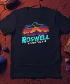 Roswell New Mexico USA t-shirt design featuring a UFO over mountains and cacti, with retro neon text