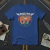 Route 67 t-shirt design featuring vintage road graphics, desert landscape, and retro typography