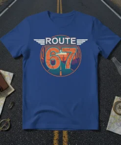 Route 67 t-shirt design featuring vintage road graphics, desert landscape, and retro typography