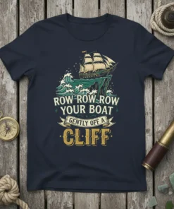 T-shirt design with the text "Row Row Row Your Boat Gently Off A Cliff" and a sailing ship on waves