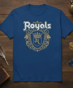 Royals crest t-shirt with gold emblem, crown, lions, and JR monogram