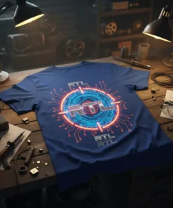 Blue t-shirt with a neon-glowing digital circuit design featuring the text RTL RTL RTL