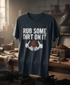 Rub Some Dirt On It t-shirt with white distressed text and graphic of hands holding soil