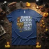 Steampunk chicken graphic with "Rubber Chickens Make Me Happy You Not So Much" text on a navy blue t-shirt