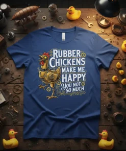 Steampunk chicken graphic with "Rubber Chickens Make Me Happy You Not So Much" text on a navy blue t-shirt
