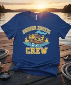 Rubber Duckie Crew t-shirt design featuring a wooden boat filled with rubber ducks on blue waves, with the text "RUBBER