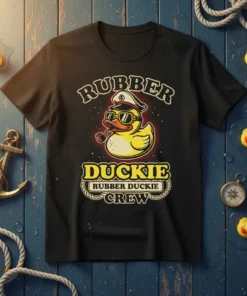 Rubber Duckie Crew t-shirt design featuring a captain duck wearing sunglasses and holding a pipe