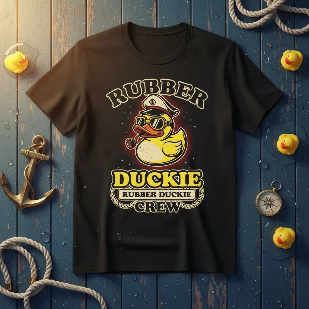 Rubber Duckie Crew t-shirt graphic with a stylish captain duck in sunglasses and smoking a pipe
