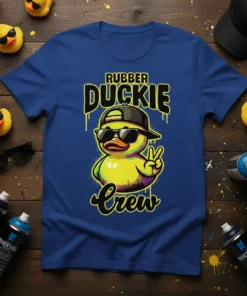 Rubber Duckie Crew t-shirt with a cool duck wearing sunglasses and a baseball cap, holding up a peace sign
