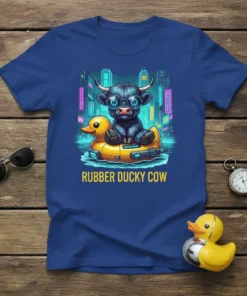 Rubber Ducky Cow graphic t-shirt featuring a cow wearing glasses on a yellow duck float with city lights background