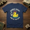 Rubber Ducky King of the Bath quote with a crowned duck smoking a pipe, navy blue t-shirt