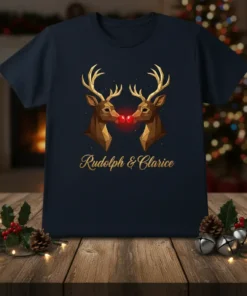 Rudolph & Clarice Christmas T-Shirt featuring two geometric reindeer kissing with red noses and gold antlers, text below reads Rudolph